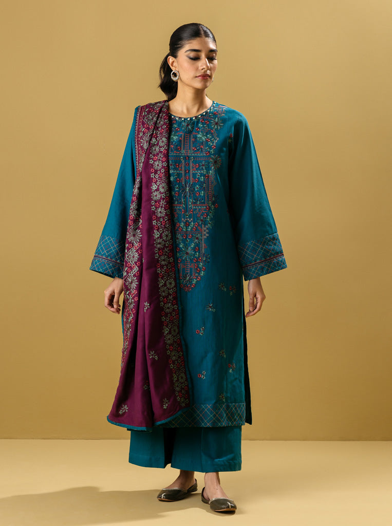 3 PIECE - EMBROIDERED KHADDAR SUIT - MALACHITE TEAL MORBAGH WN_22   