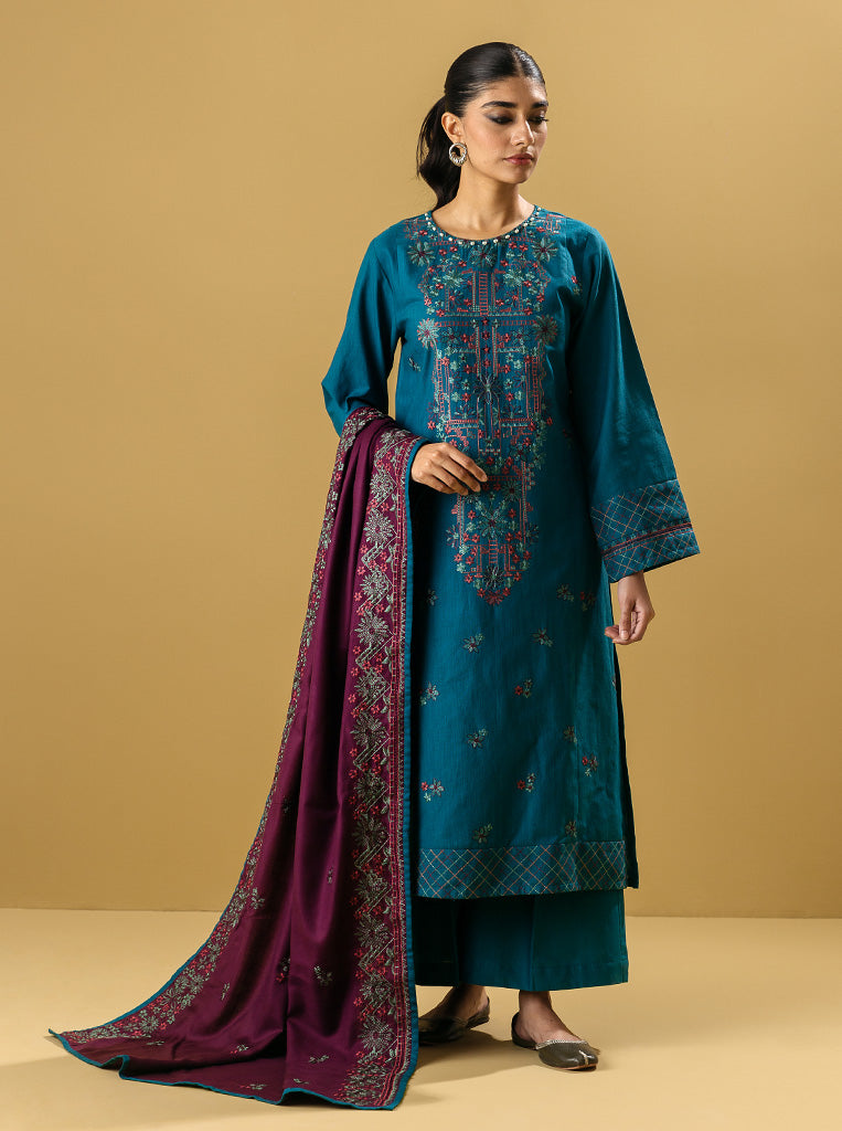 3 PIECE - EMBROIDERED KHADDAR SUIT - MALACHITE TEAL MORBAGH WN_22   