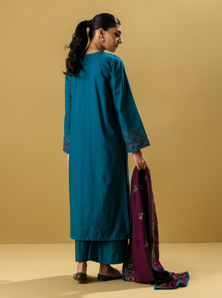 3 PIECE - EMBROIDERED KHADDAR SUIT - MALACHITE TEAL MORBAGH WN_22   