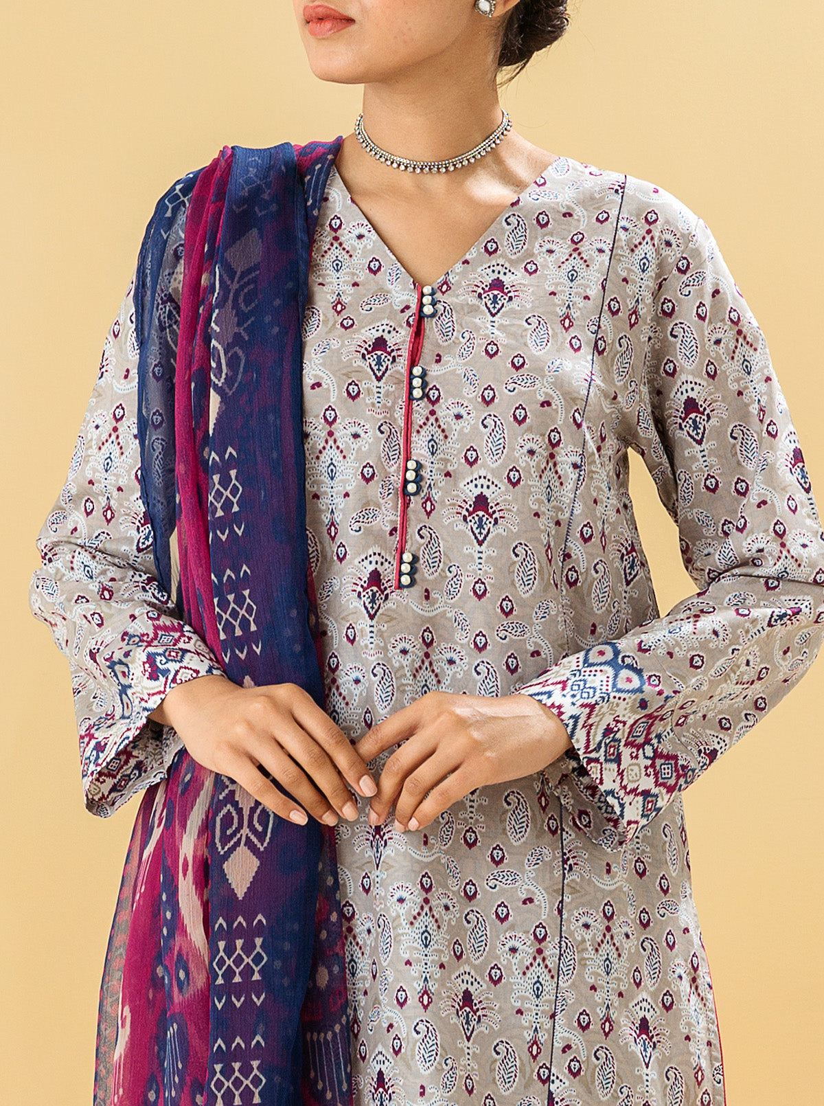 2 PIECE - PRINTED LAWN SUIT - PEARL GREY MORBAGH SU_22   