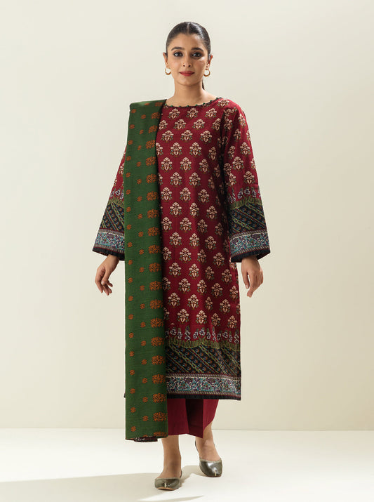 3 PIECE - PRINTED KHADDAR SUIT - RUSTIC RED MORBAGH WN_22   