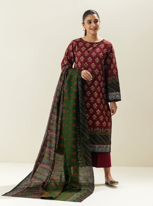 3 PIECE - PRINTED KHADDAR SUIT - RUSTIC RED MORBAGH WN_22   