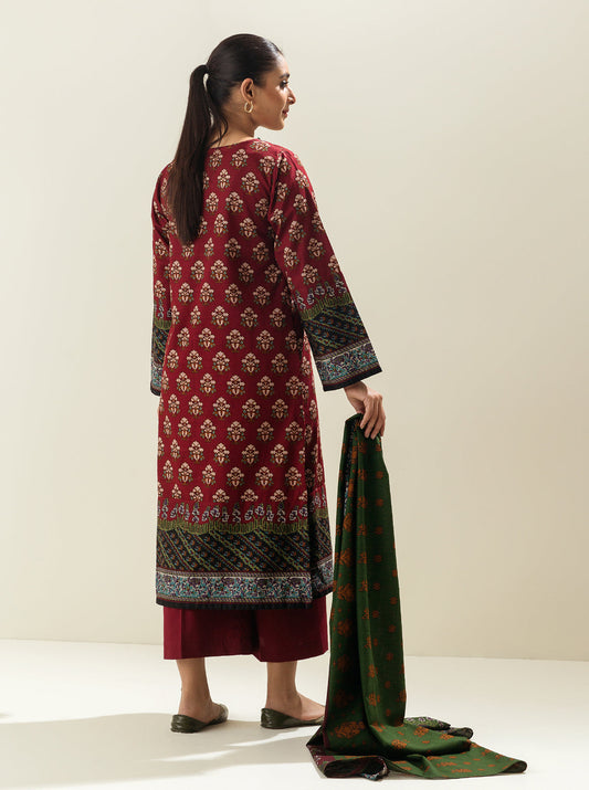 3 PIECE - PRINTED KHADDAR SUIT - RUSTIC RED MORBAGH WN_22   
