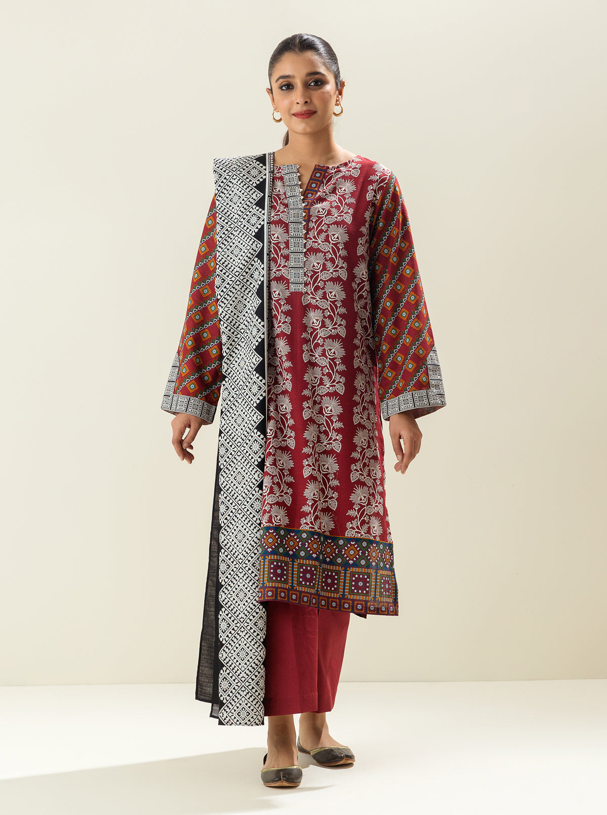 3 PIECE - PRINTED KHADDAR SUIT - RED BAG MORBAGH WN_22   
