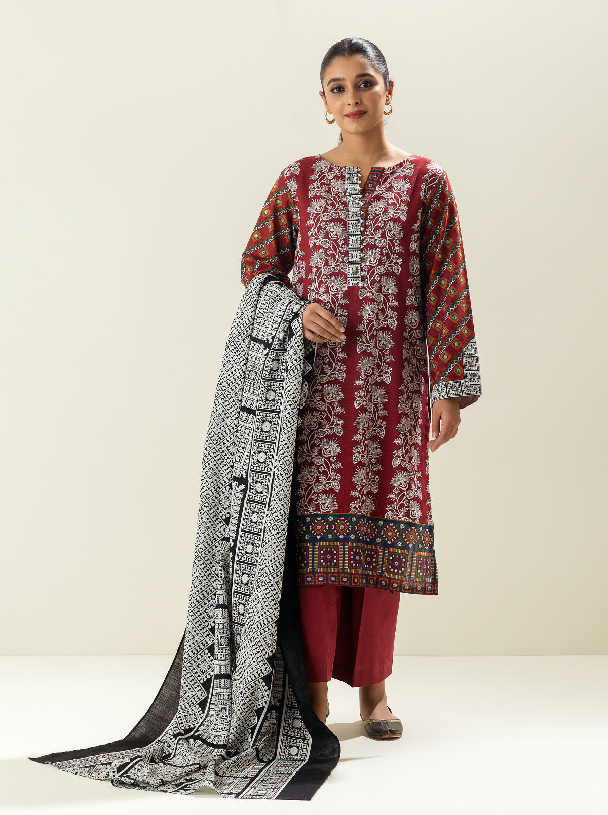 3 PIECE - PRINTED KHADDAR SUIT - RED BAG MORBAGH WN_22   