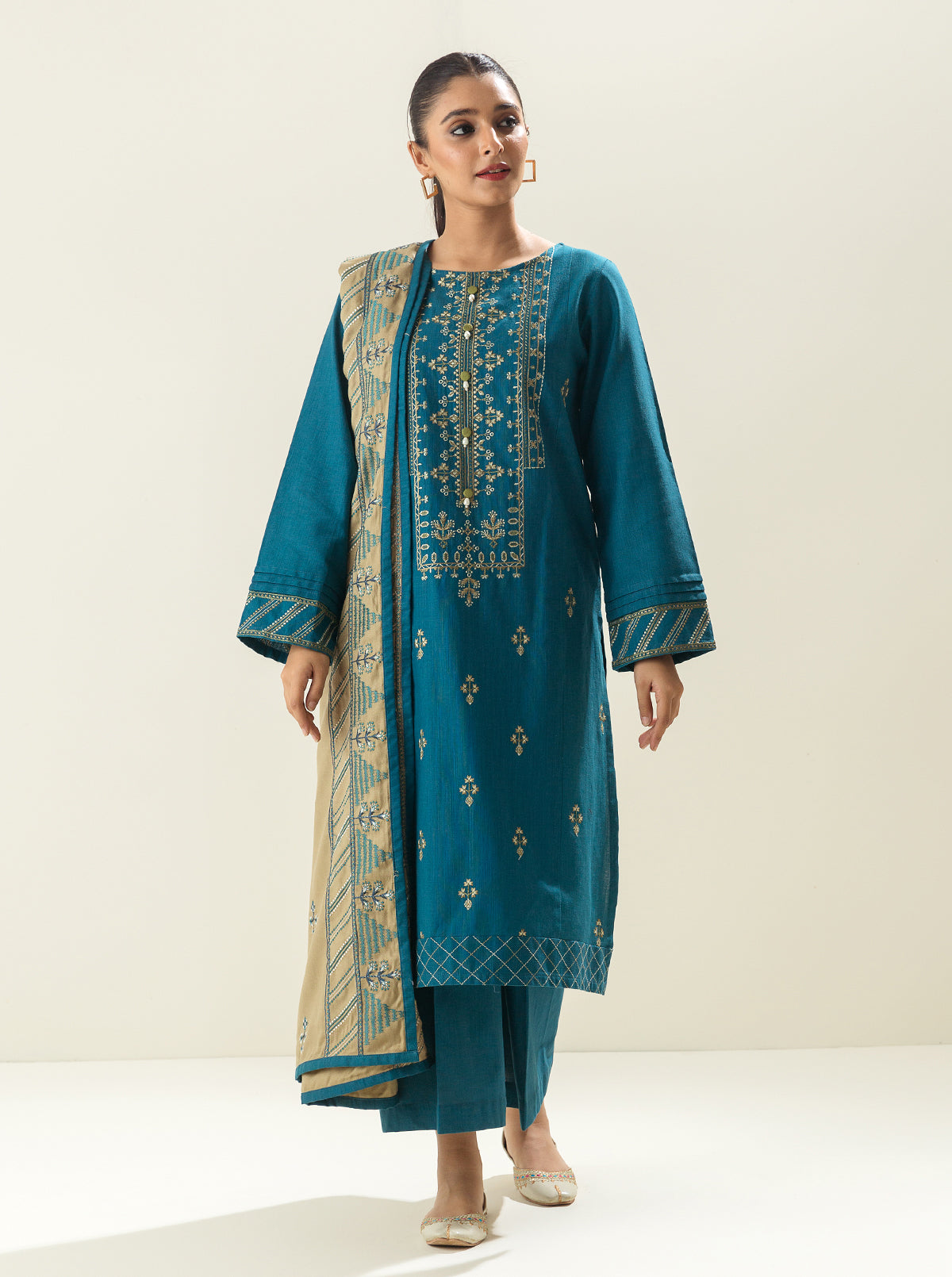 3 PIECE - EMBROIDERED KHADDAR SUIT WITH EMBROIDERED SHAWL - TEAL MANIA MORBAGH WN_22   