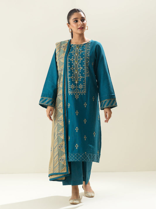3 PIECE - EMBROIDERED KHADDAR SUIT WITH EMBROIDERED SHAWL - TEAL MANIA MORBAGH WN_22   