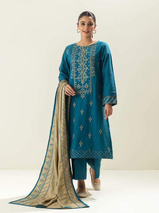 3 PIECE - EMBROIDERED KHADDAR SUIT WITH EMBROIDERED SHAWL - TEAL MANIA MORBAGH WN_22   
