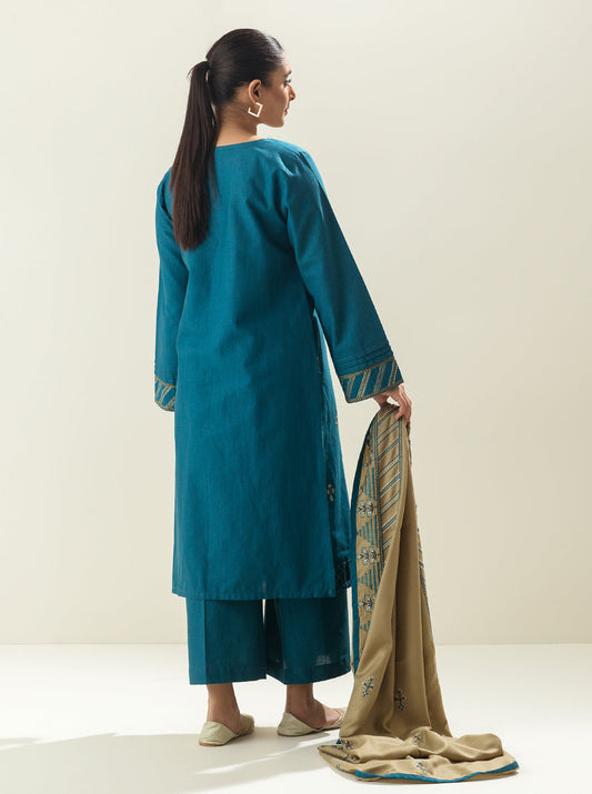 3 PIECE - EMBROIDERED KHADDAR SUIT WITH EMBROIDERED SHAWL - TEAL MANIA MORBAGH WN_22   