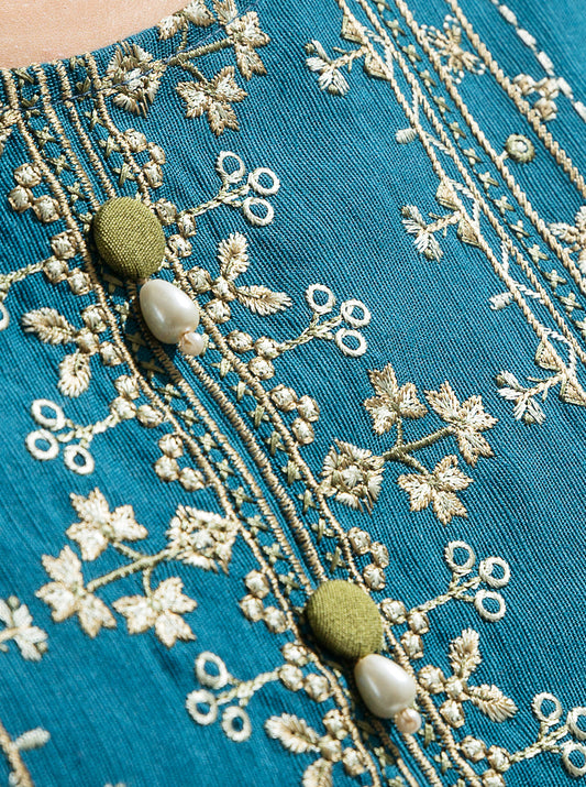 3 PIECE - EMBROIDERED KHADDAR SUIT WITH EMBROIDERED SHAWL - TEAL MANIA MORBAGH WN_22   