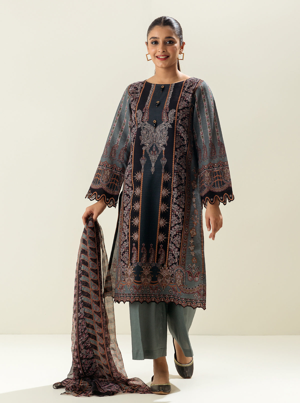 3 PIECE - PRINTED KHADDAR SUIT - ETHNIC PAISLEYS MORBAGH WN_22   