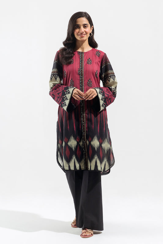 1 PIECE - PRINTED  LAWN SHIRT - BURGUNDY IKAT (UNSTITCHED)