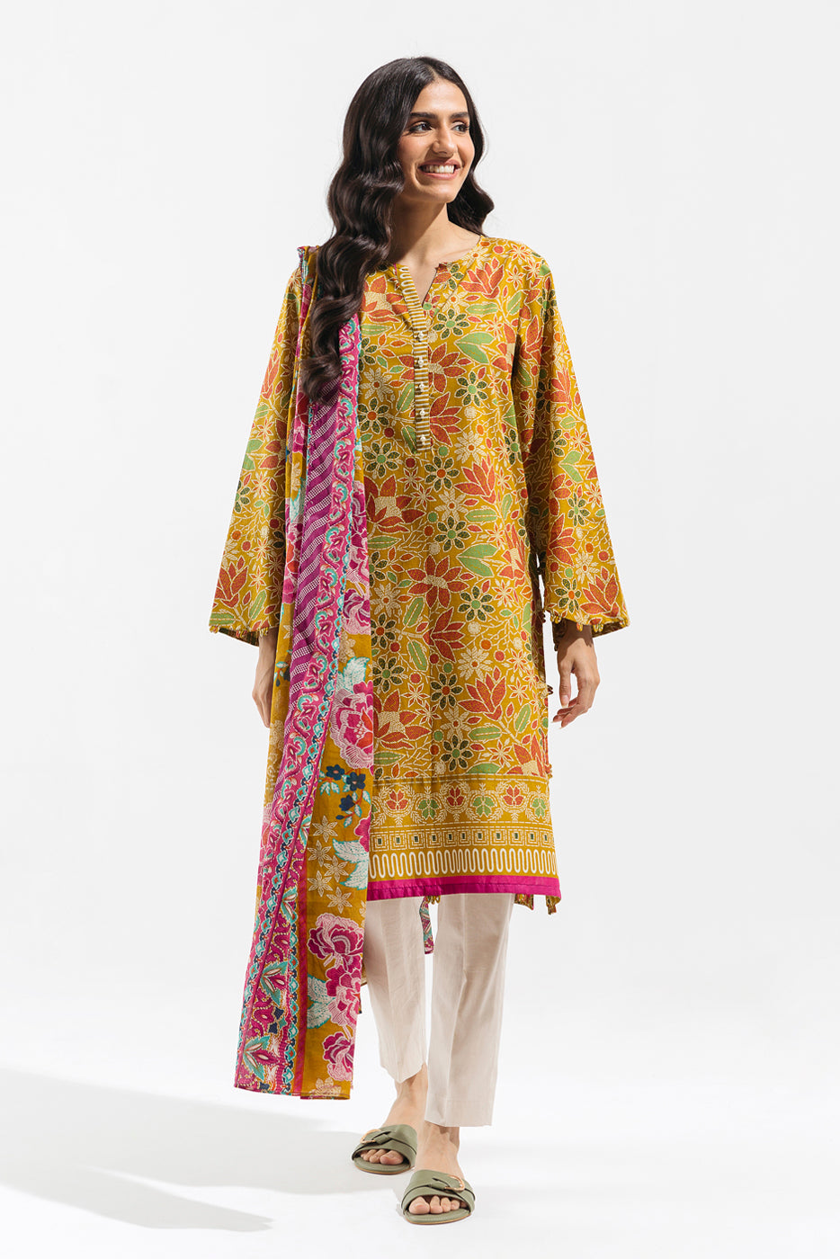 Floral Satin Printed Lawn Suit - Unveil elegance in this chic 2-piece ensemble.