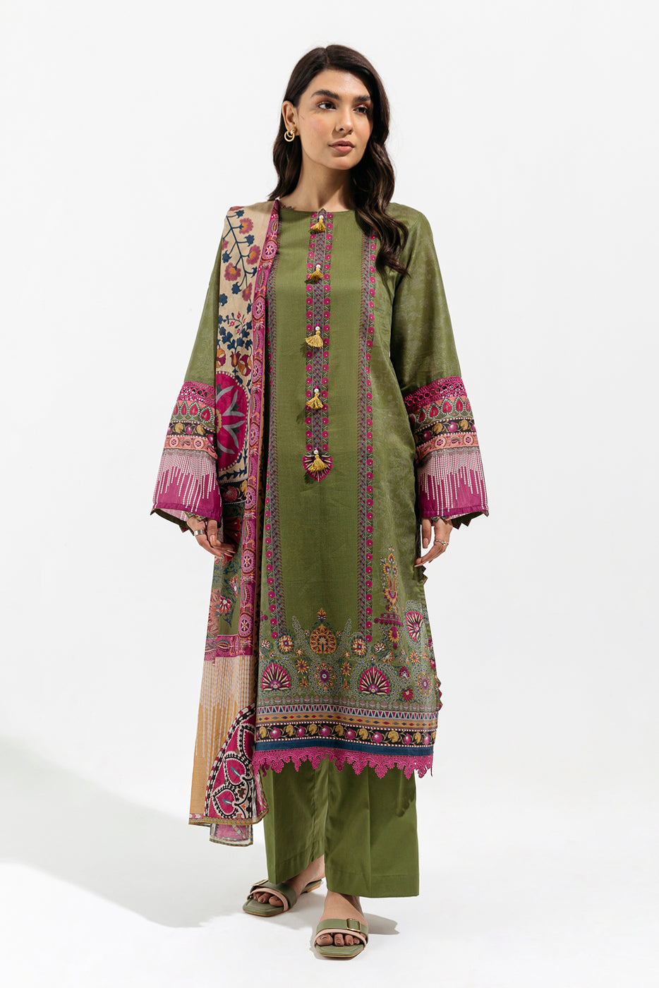 3 PIECE - PRINTED LAWN SUIT - OLIVE SUZANI
