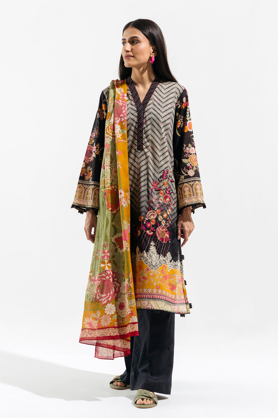 3 PIECE - EMBROIDERED LAWN SUIT - CHEVRON BLOSSOM
