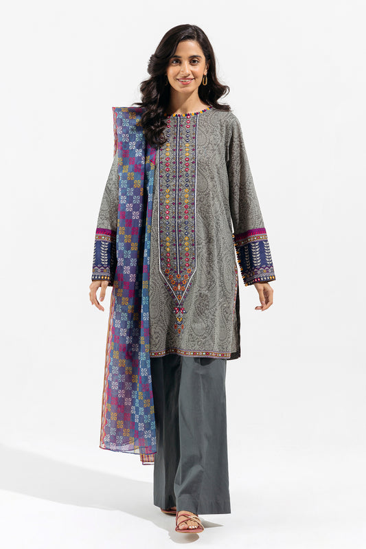 3 PIECE - EMBROIDERED LAWN SUIT - SABRE GREY