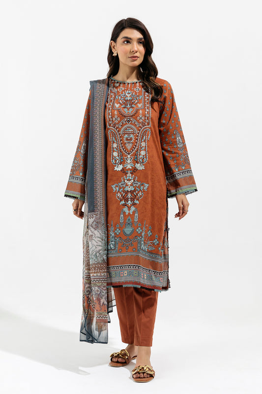 3 PIECE - EMBROIDERED LAWN SUIT - TAWNY VINES