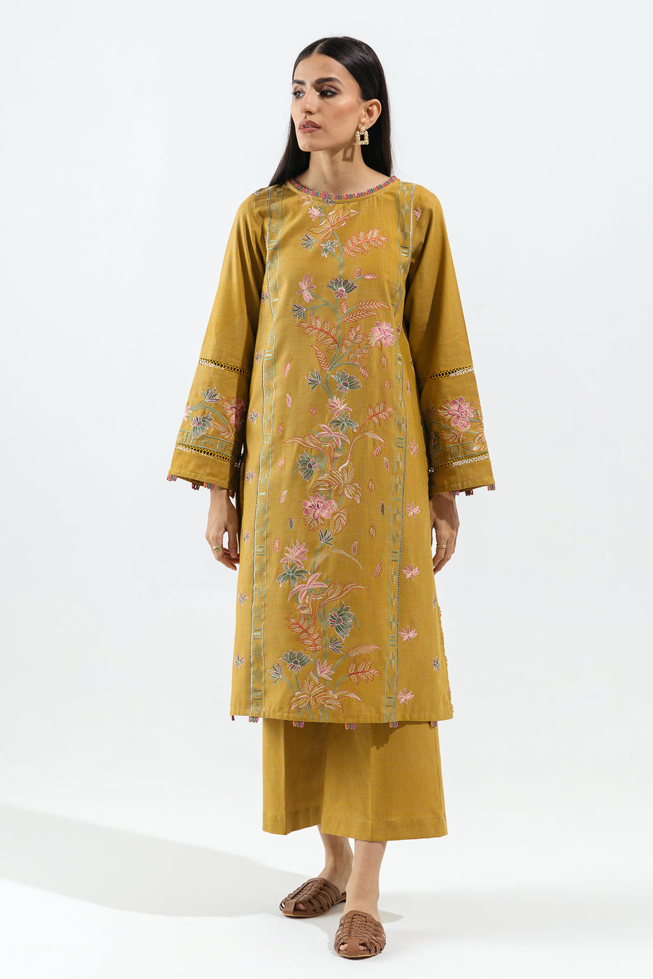 2 PIECE - EMBROIDERED YARN DYED SUIT - ELEGANT OCHRE