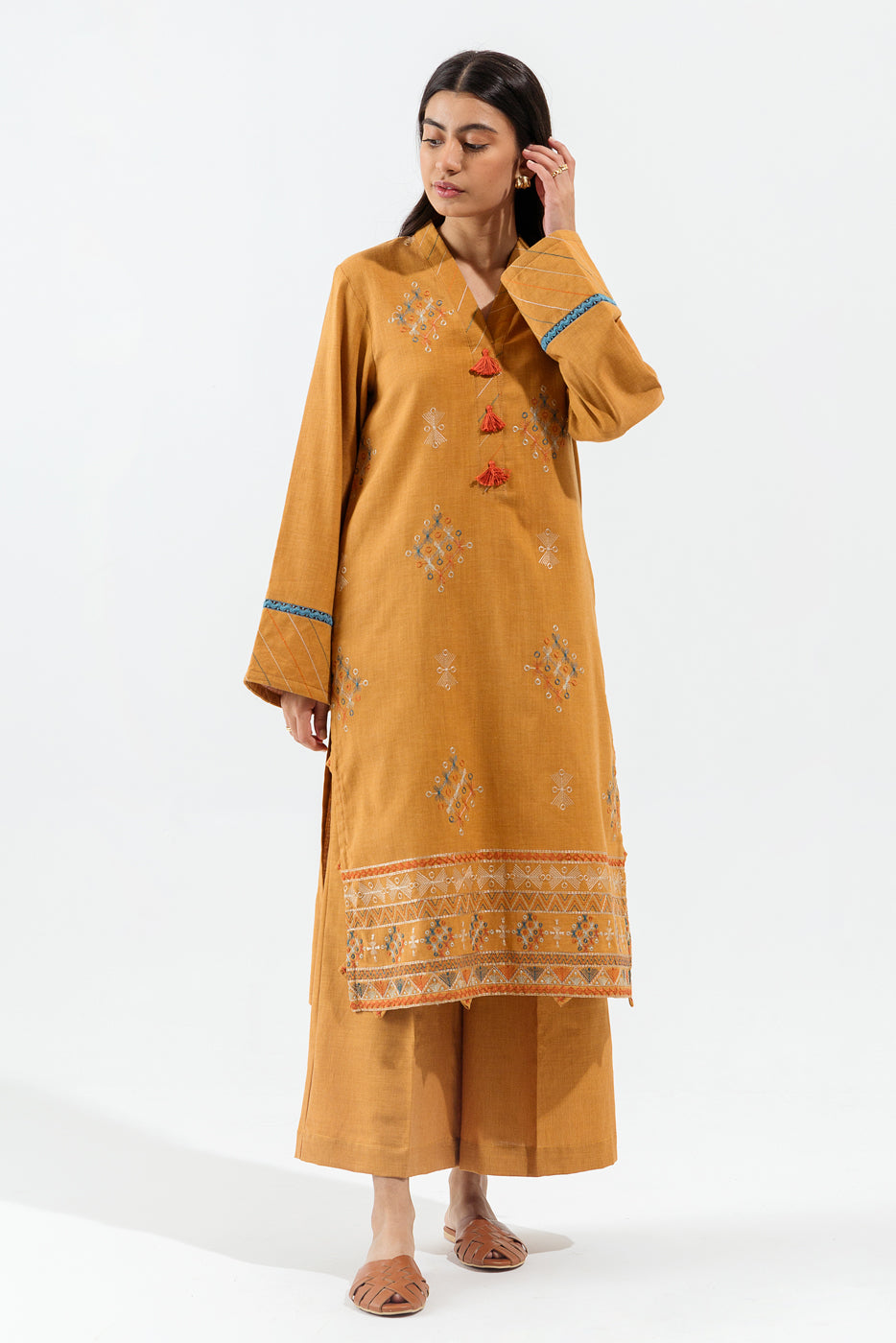 2 PIECE - EMBROIDERED KHADDAR SUIT - MUSTARD HAZE