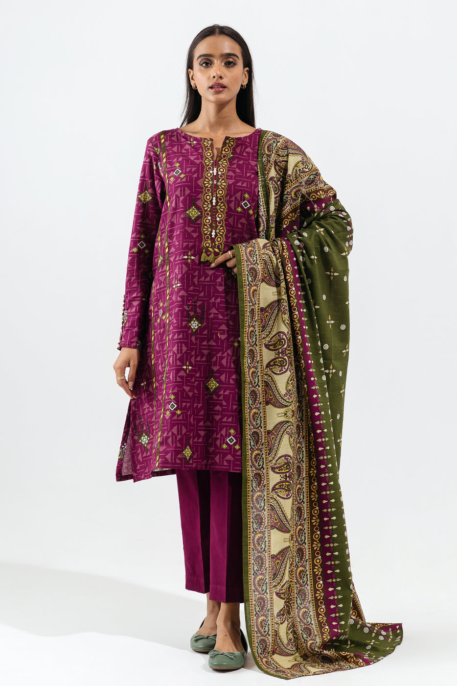 3 PIECE - PRINTED KHADDAR SUIT - VIBRANT FUCHSIA