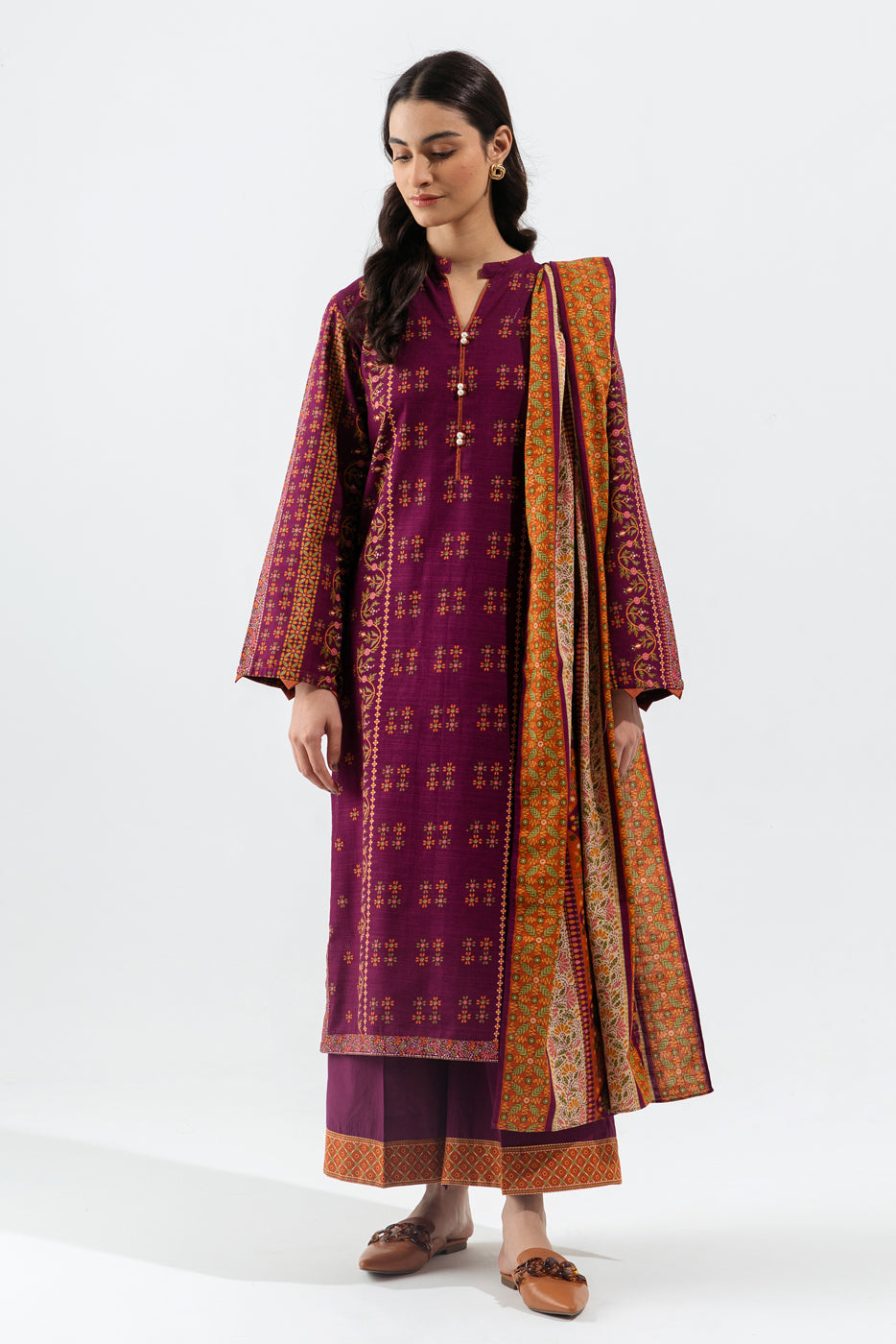 3 PIECE - PRINTED KHADDAR SUIT - PLUM VIOLET