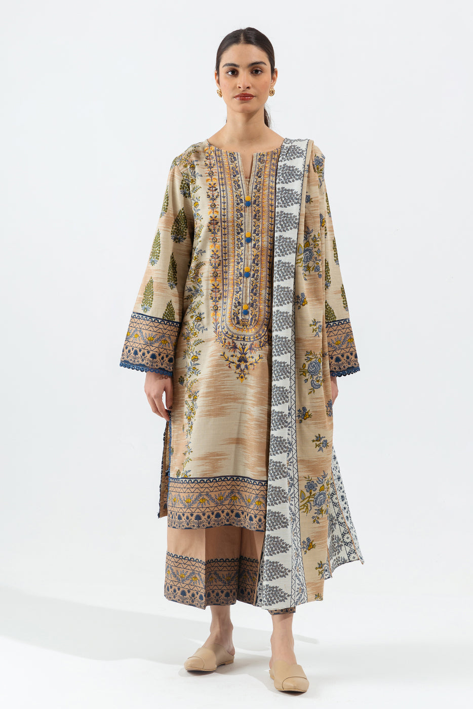 3 PIECE - EMBROIDERED KHADDAR SUIT - TAUPE TAN