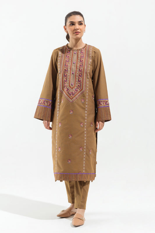 2 PIECE - EMBROIDERED KHADDAR SUIT - OLIVE VOYAGE