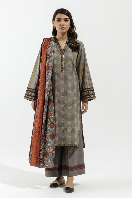3 PIECE - PRINTED KHADDAR SUIT - VINTAGE SMOKE