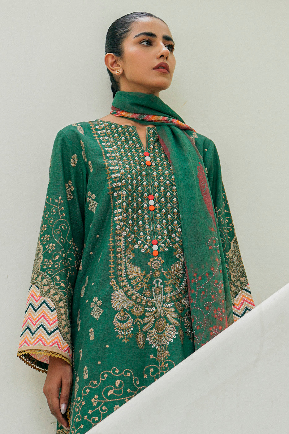 3 PIECE - EMBROIDERED KHADDAR SUIT - ELEGANT SAGE