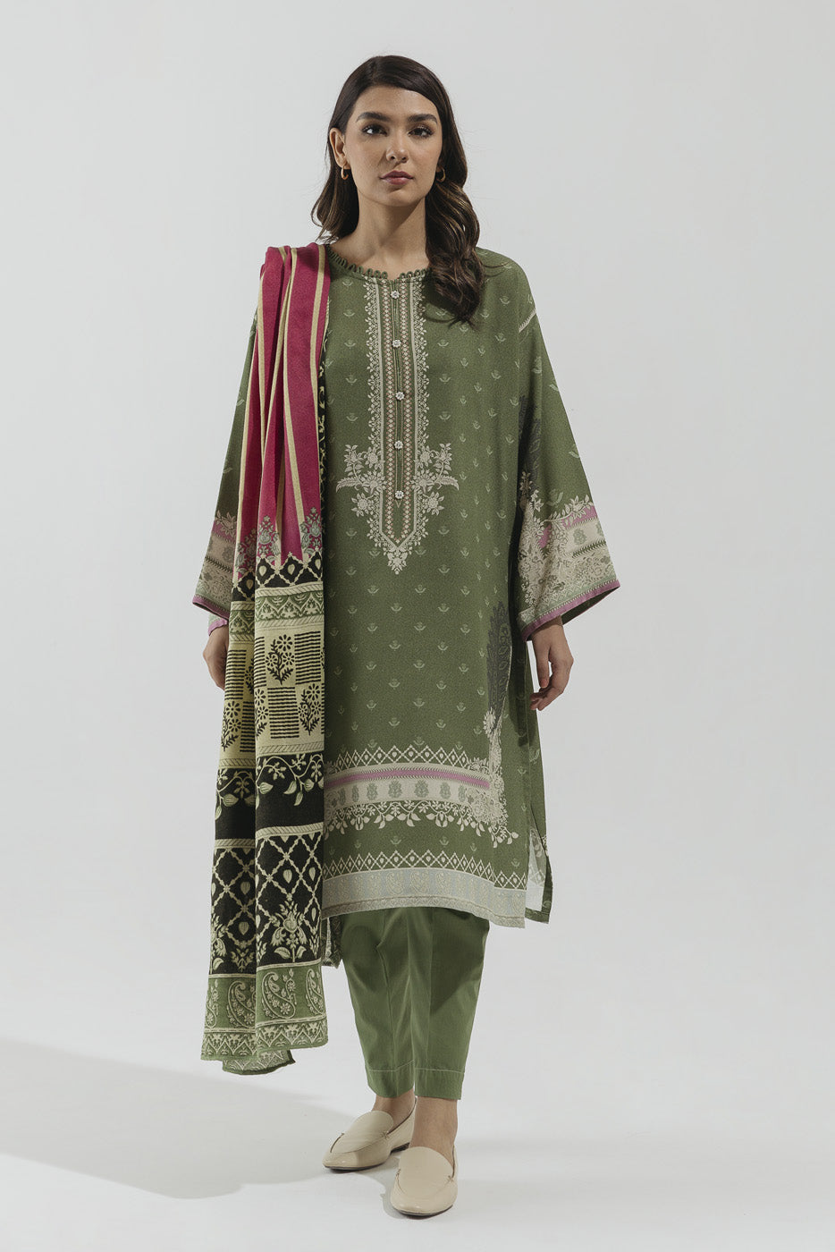 3 PIECE - PRINTED WITH SHAWL KARANDI SUIT - OLIVE MUSE