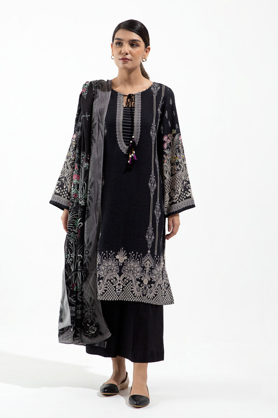 3 PIECE - PRINTED WITH SHAWL KARANDI SUIT - FLUORITE BLACK