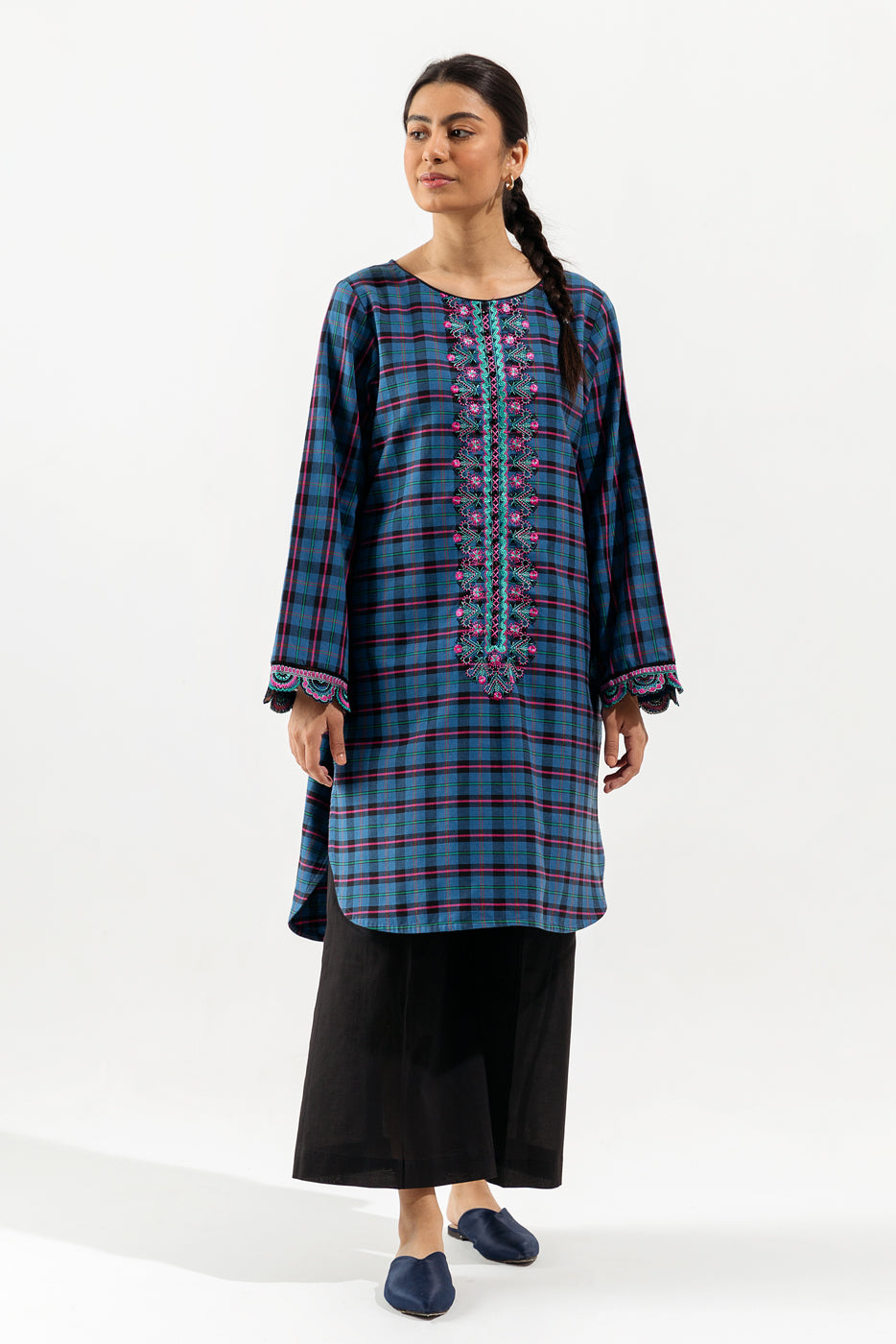 1 PIECE - EMBROIDERED YARN DYED SHIRT - MOROCCAN BLUE