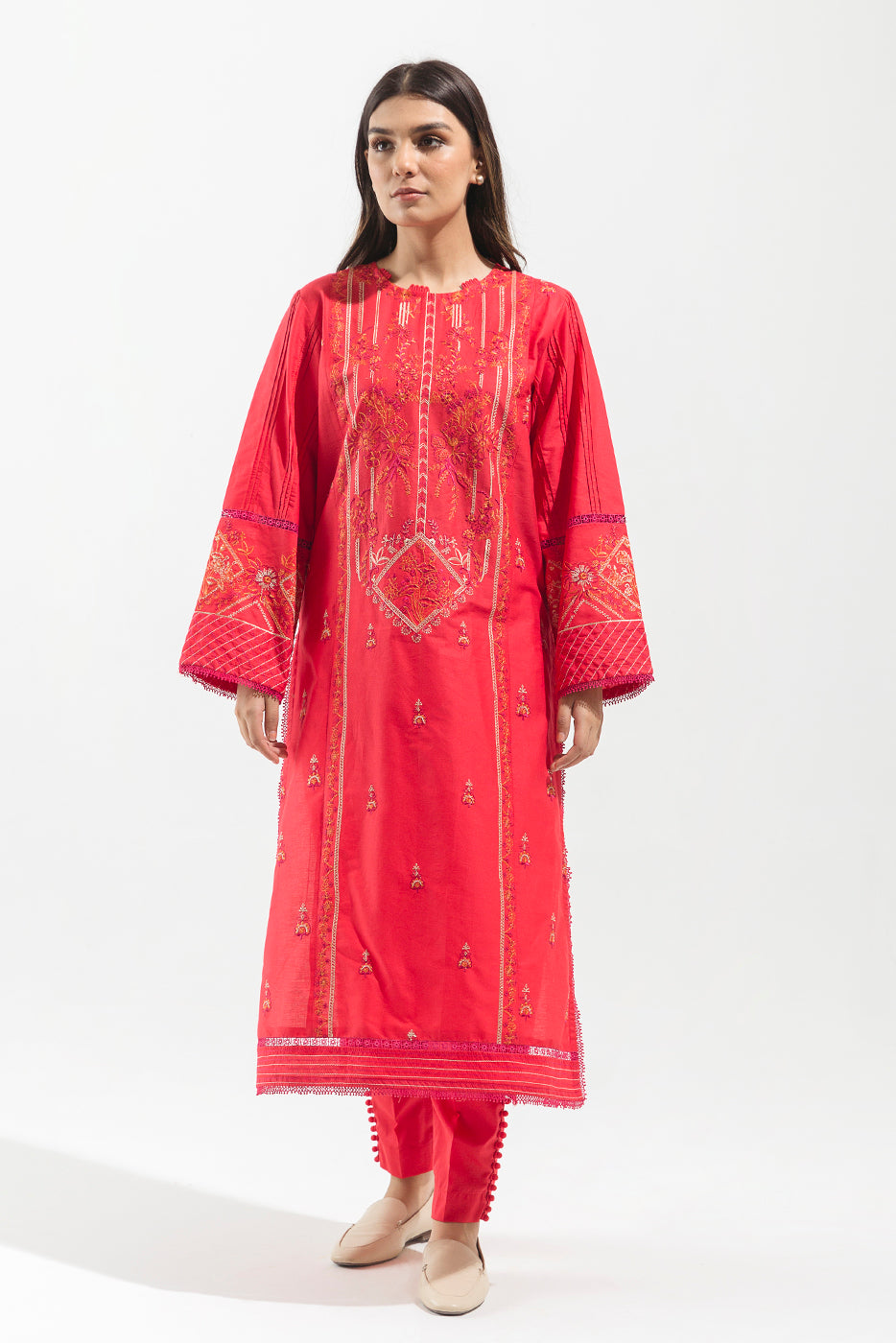 2 PIECE - EMBROIDERED CAMBRIC SUIT - SCARLET HUES