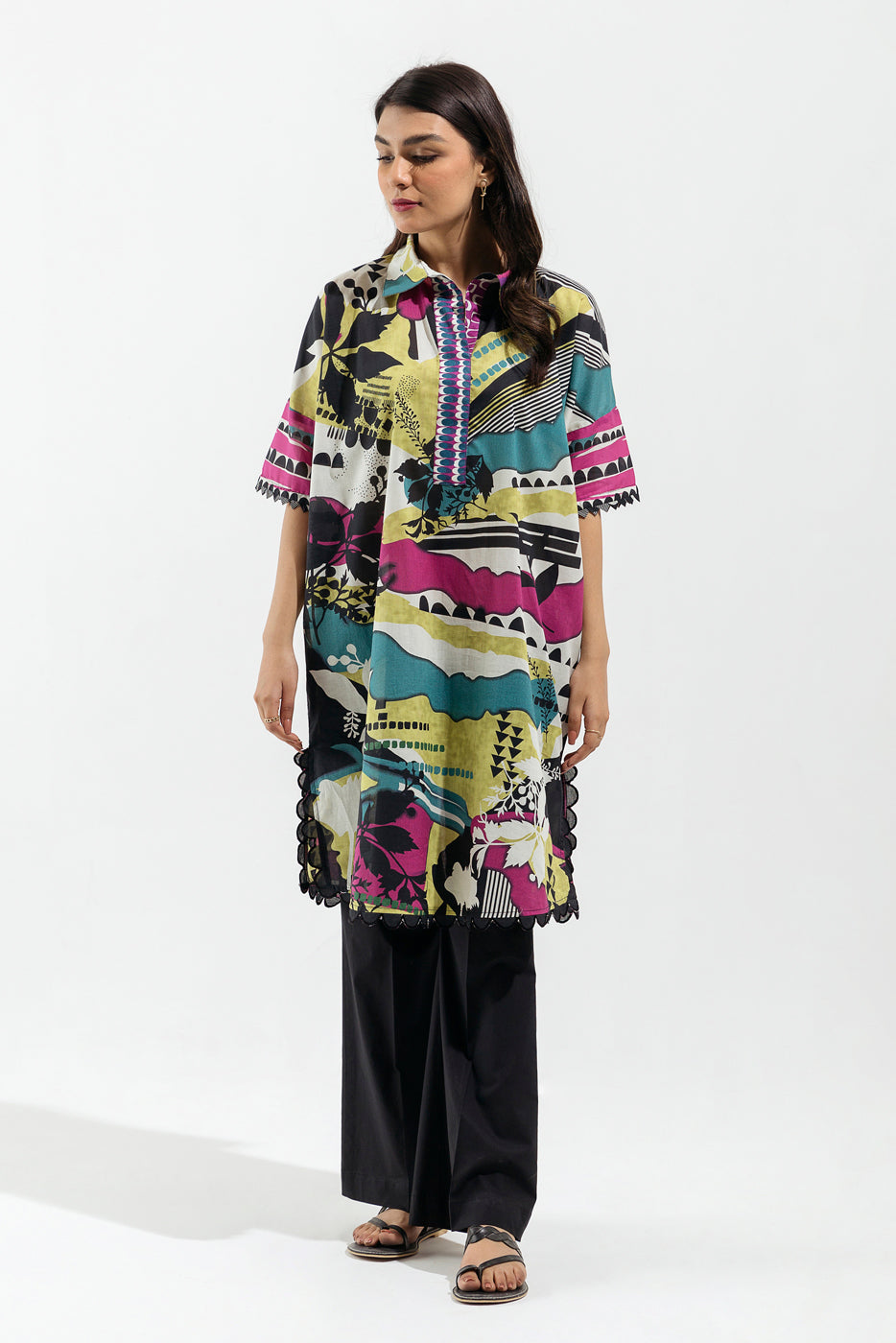 1 PIECE - PRINTED  LAWN SHIRT - MULTI CURVES