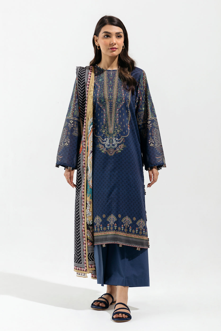 3 PIECE - PRINTED  LAWN SUIT - NAVY TWILL