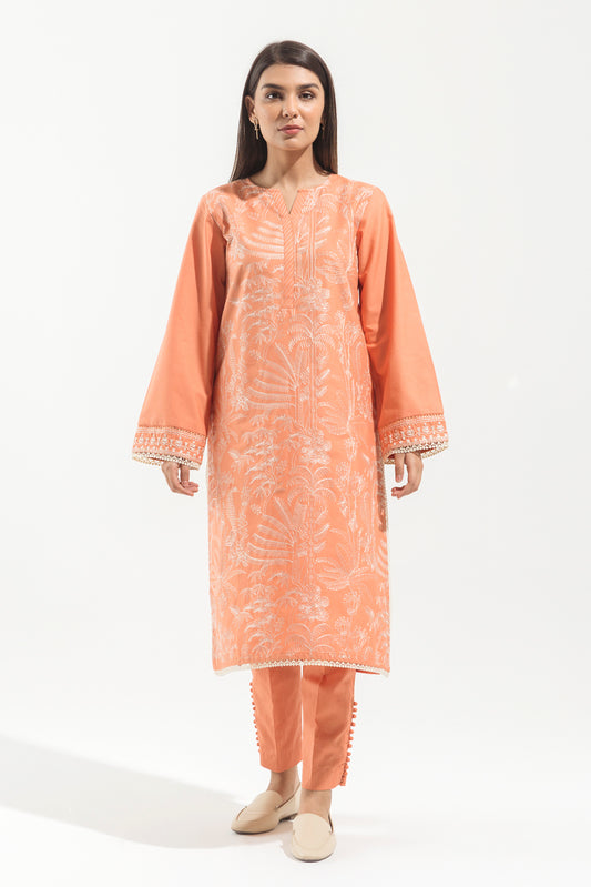 2 PIECE - EMBROIDERED  KHADDAR SUIT - SALMON SILHOUETTE