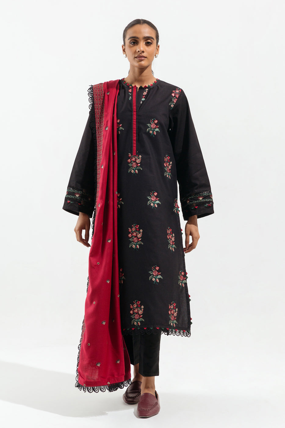 3 PIECE - EMBROIDERED KHADDAR SUIT - CLASSIC CRIMSON