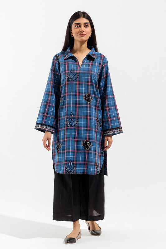 1 PIECE - EMBROIDERED  FLANNEL SHIRT - BLUE RADIANCE (UNSTITCHED)