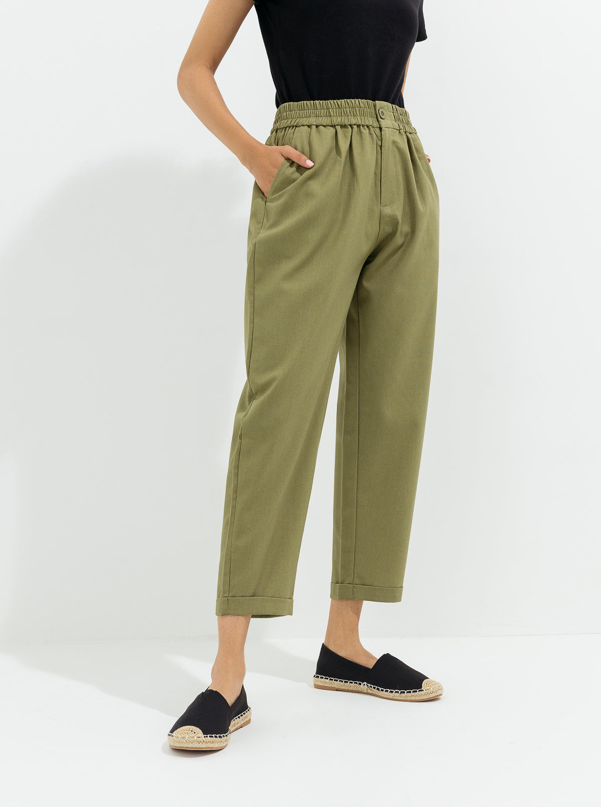 Dull Green Cotton Folded Cuff Pants