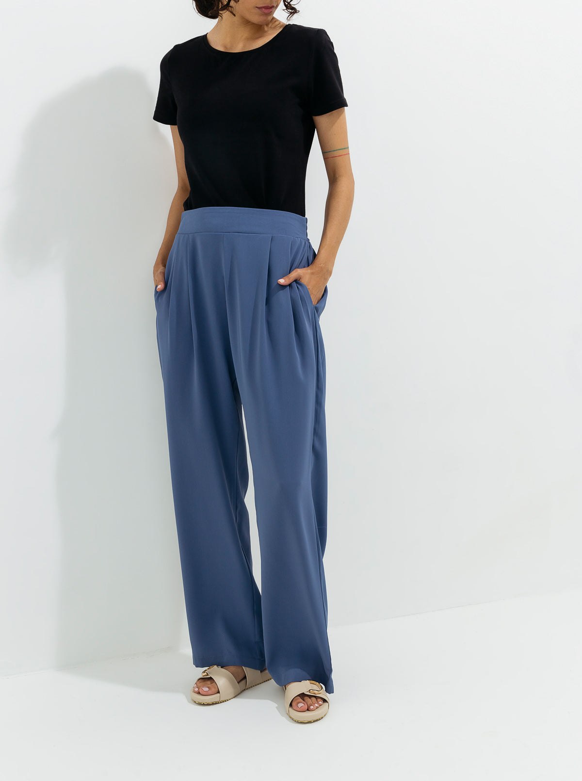 Stone Blue Pleated Straight Pants