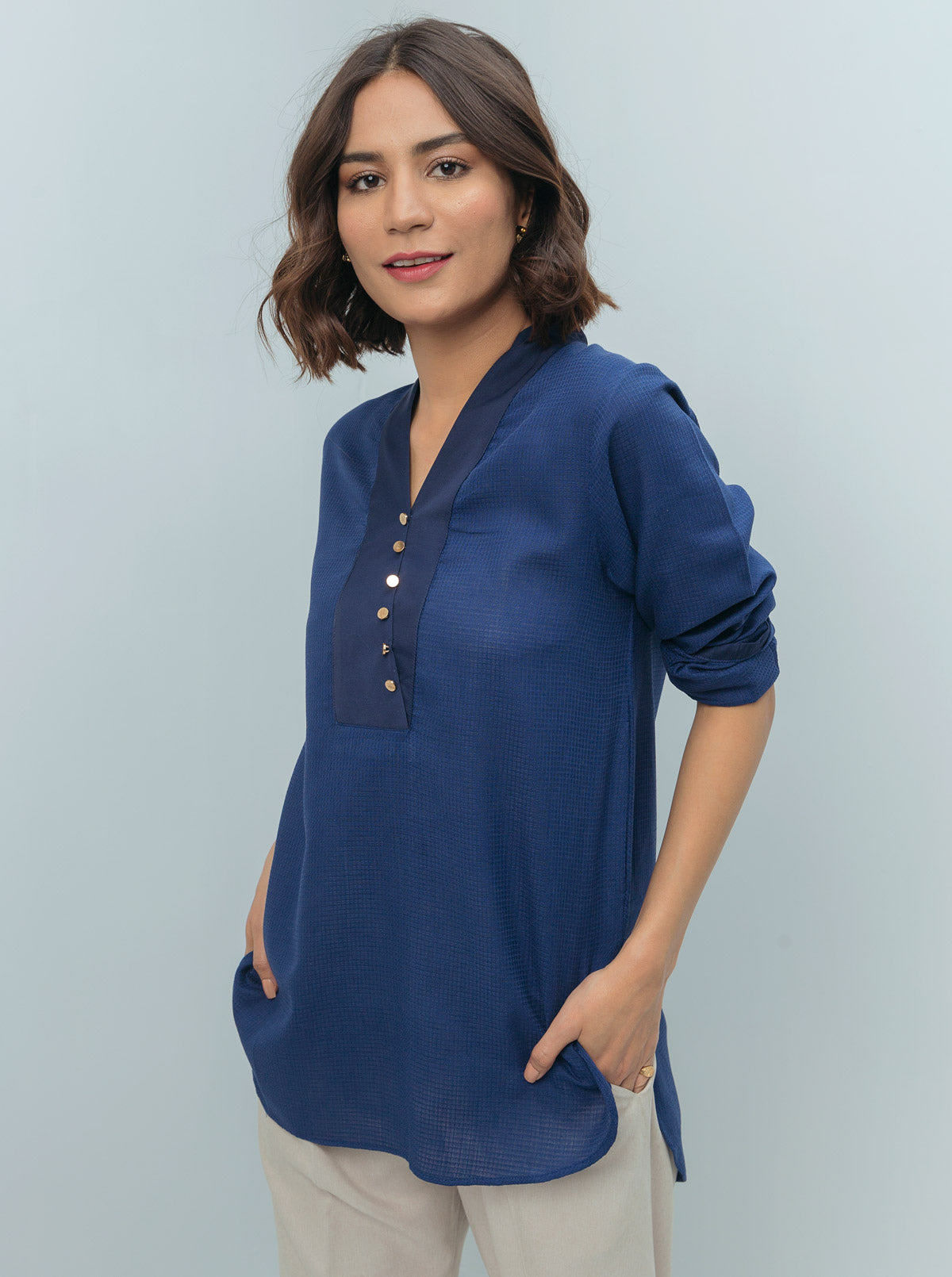 NAVY TEXTURED OVERLAP NECKLINE TOP