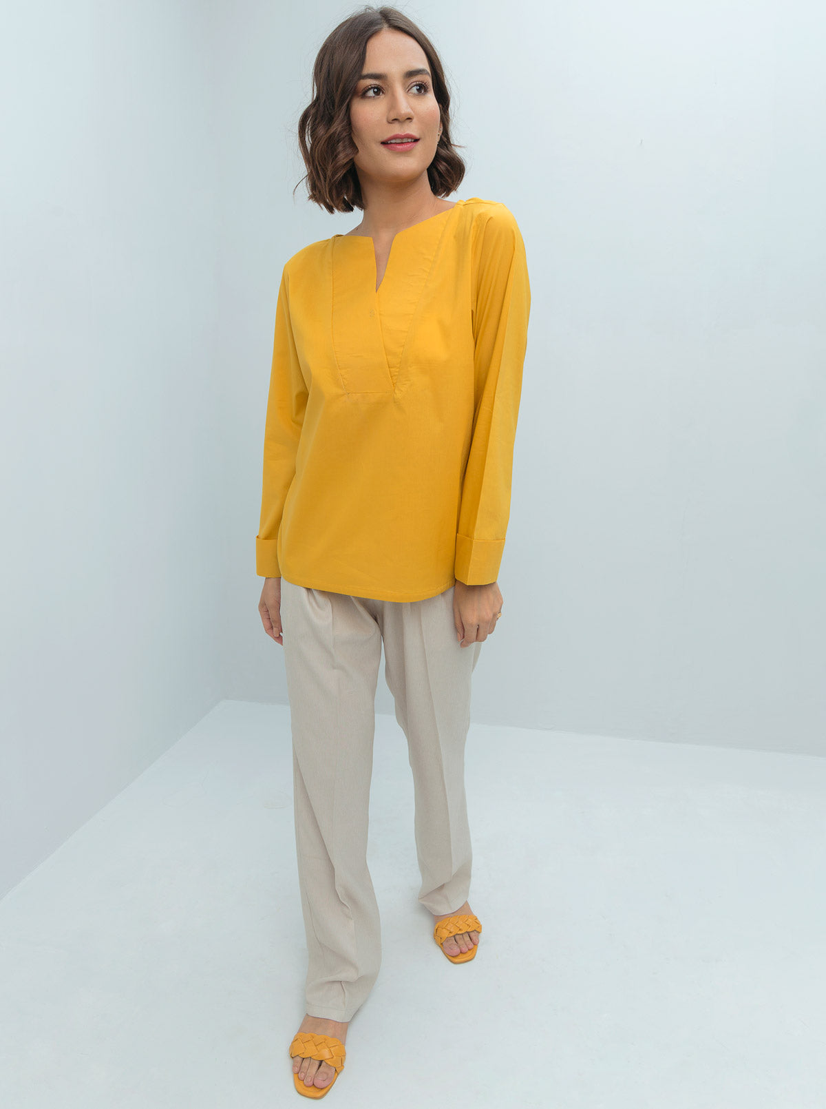 YELLOW POPLIN JERSEY COMBINATION TOP