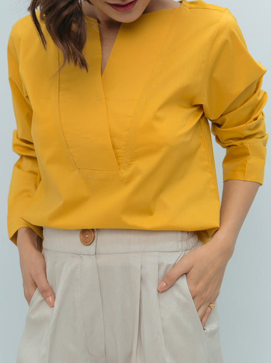 YELLOW POPLIN JERSEY COMBINATION TOP