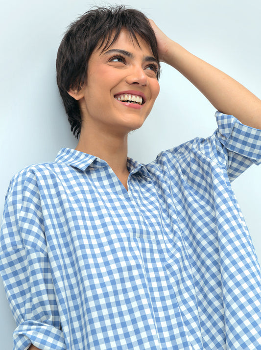 BLUE CHECK BAGGY COLLAR SHIRT