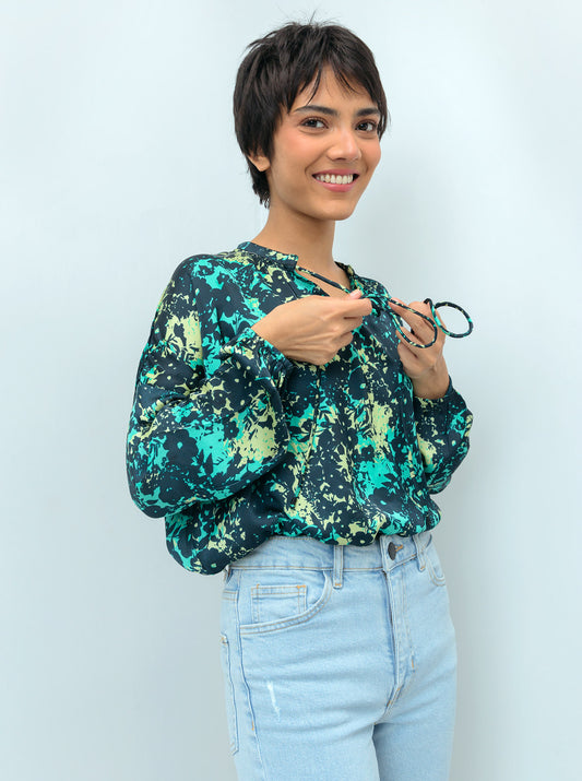 ABSTRACT FLORAL PRINT SILK BLOUSE