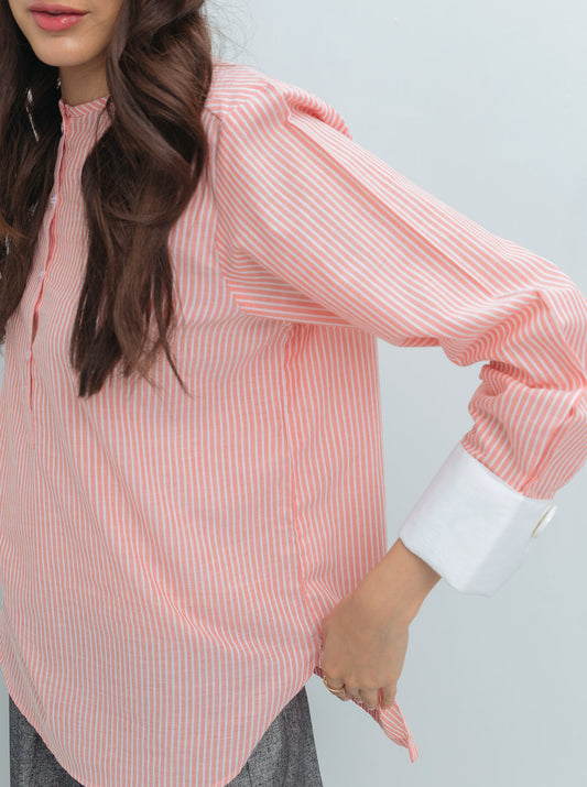 PEACH STRIPED CONTRAST CUFF TOP