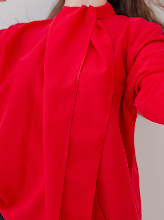 RED DRAPED NECK TIE BLOUSE