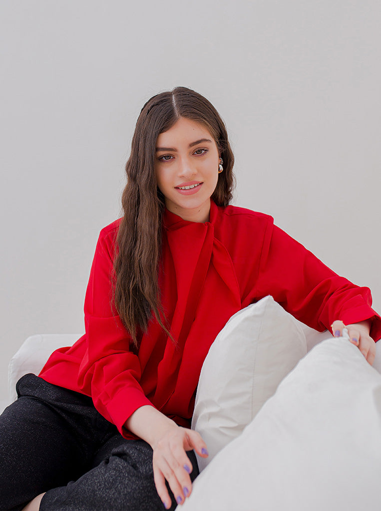 RED DRAPED NECK TIE BLOUSE