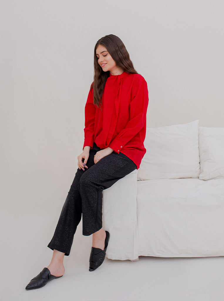 RED DRAPED NECK TIE BLOUSE