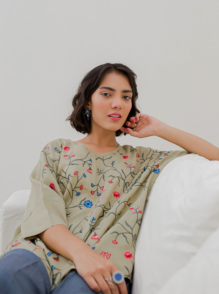 DULL OLIVE FLORAL EMBROIDERY BOXY TOP